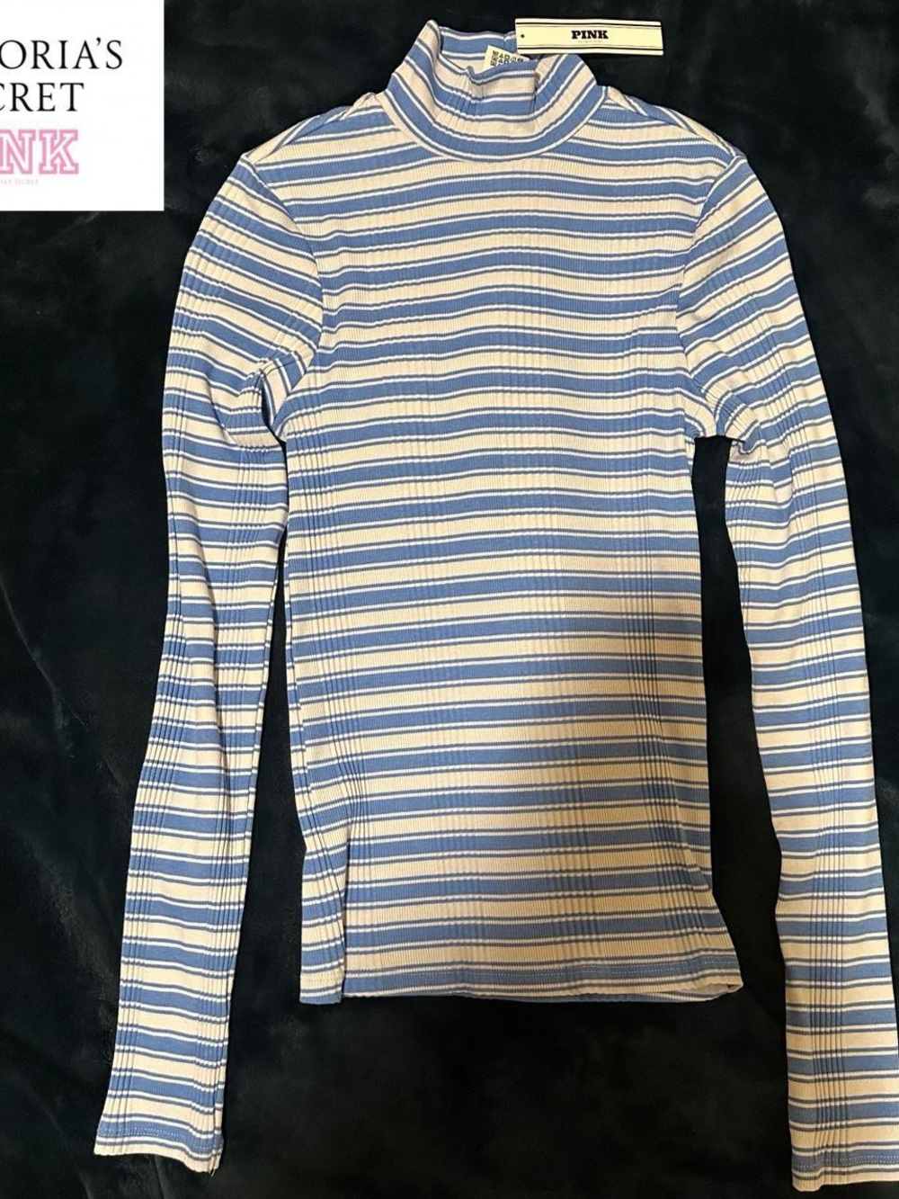Victoria’s Secret PINK blue and white striped turtle neck long sleeve top.